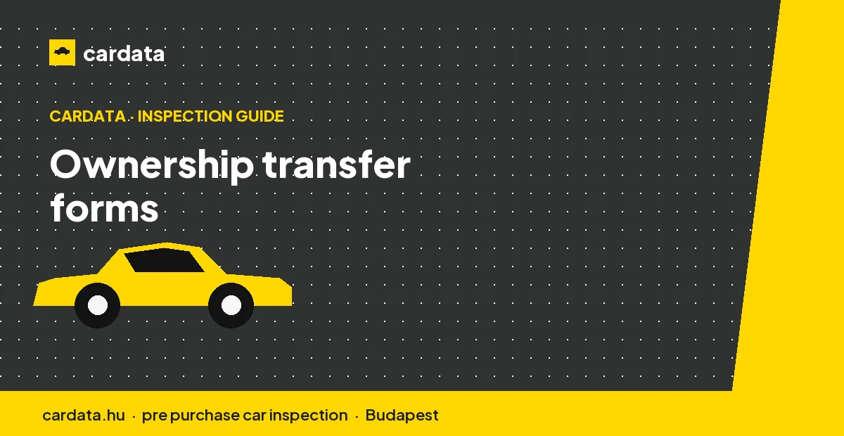 A buyer and seller completing the ownership transfer paperwork at a Budapest government office within the legal deadline.